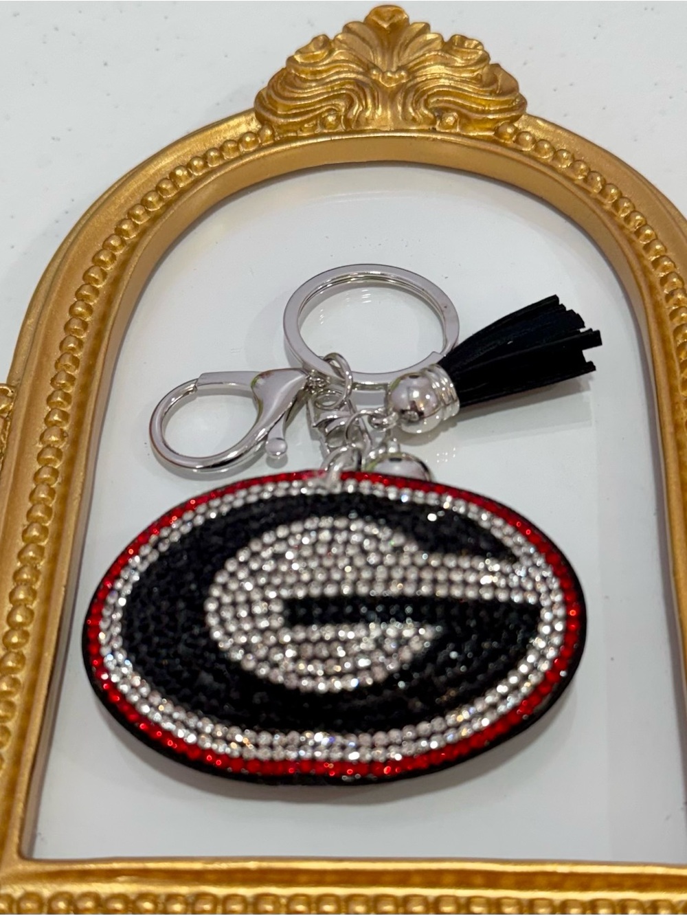 New Sparkling Black & Red 'G' Crystal Keychain with Black Tassel